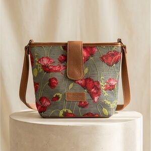 Poppies Shop Floral Crossbody Bag with Tan Trim - Red Poppy Print